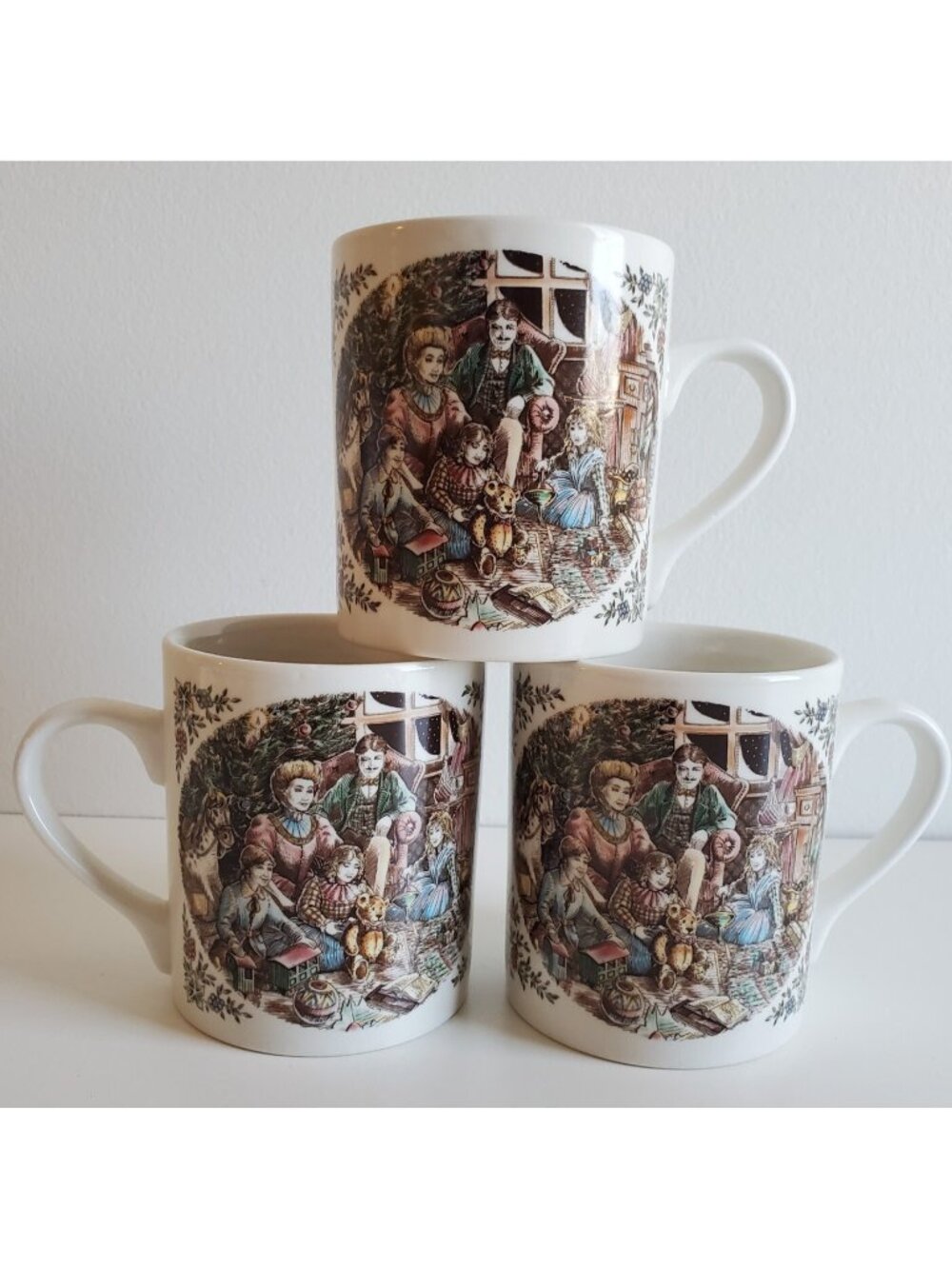 Churchill Victorian Christmas Family Scene Coffee Mugs England Lot of 3